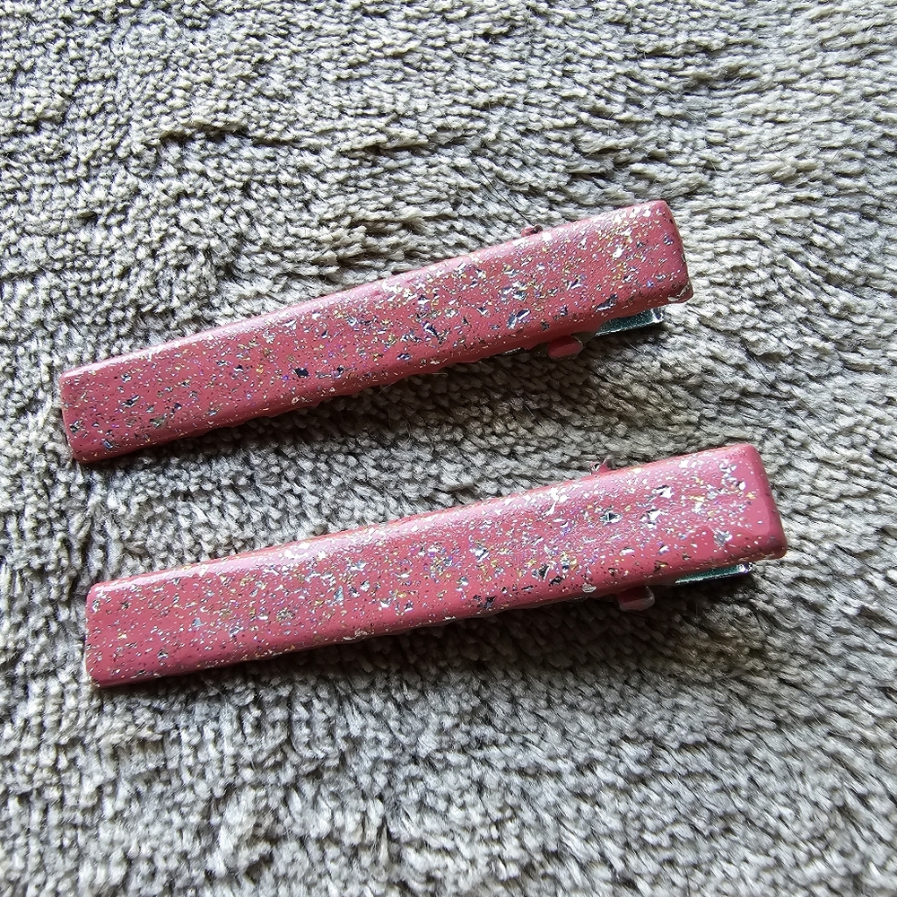 2 Hair Clips Holo Glitter Pink Peach Accessories Barrettes Hand Painted Indie